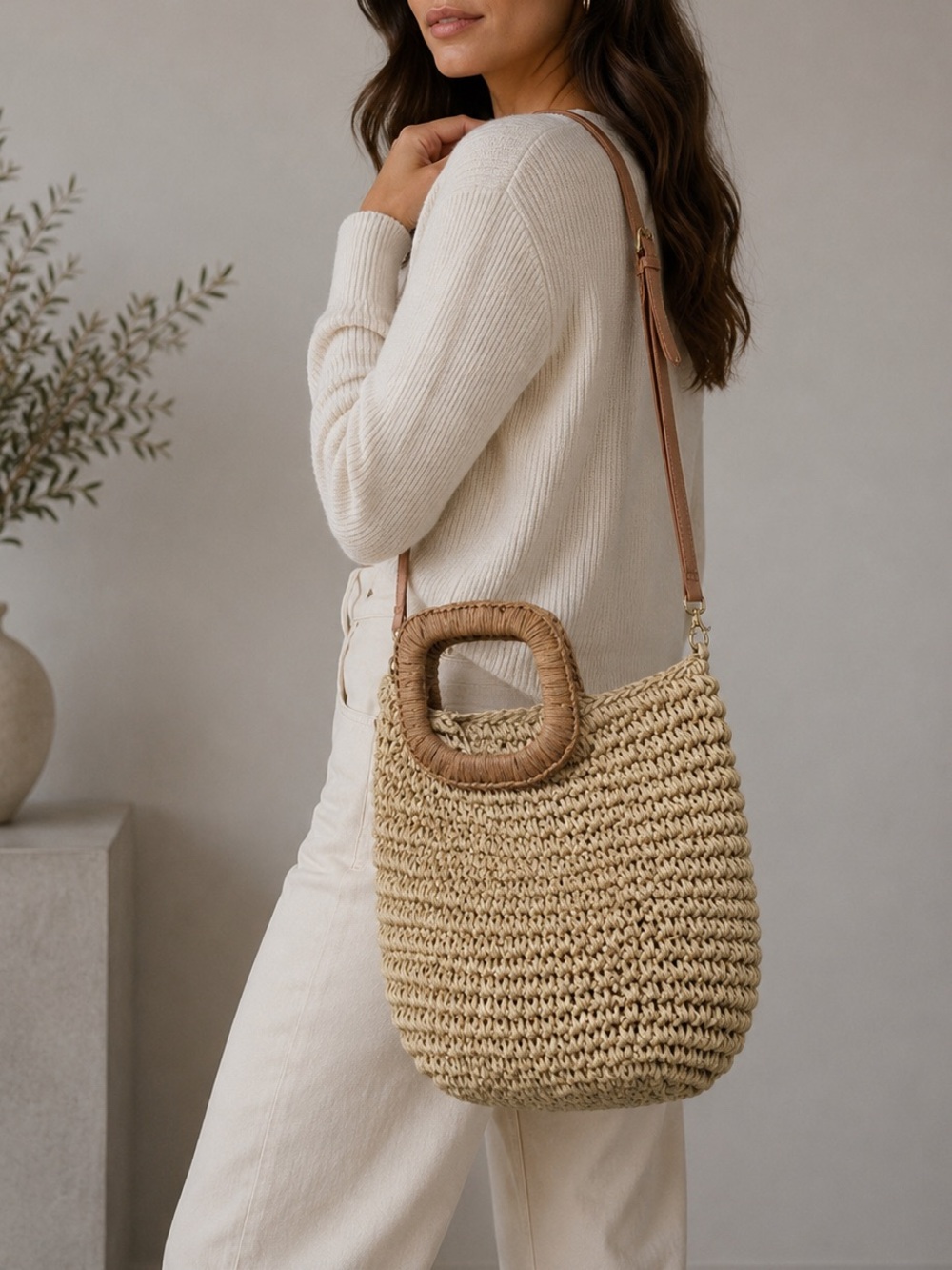 Crossi Straw Satchel‎ Bag Adjustable Detachable Strap Boho Woven Tote